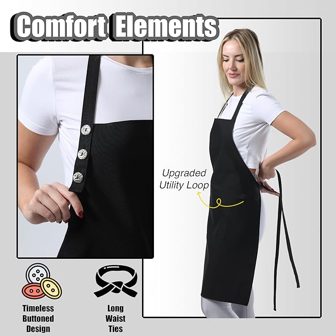 TOSHE Kitchen Apron Waterdrop Resistant Cotton Apron with adjustable Aprons for Women with Pockets Cooking Apron (2 Pack - Black)