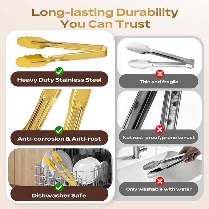 4 Pack Stainless Steel Serving Tongs, 9 Inch Gold Salad Tongs Serving Utensils Buffet Tongs Gold Plated Heavy Duty Reusable Metal Kitchen Clips for Salad, Snack, Barbecue, Catering, Wedding, Party