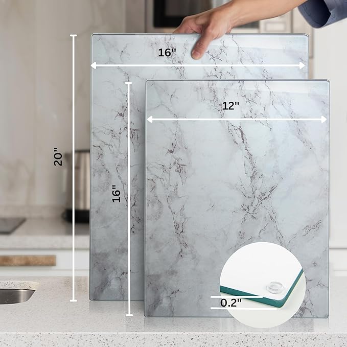 Kitchenville Glass Cutting Board 20”x16”: Tempered Glass Kitchen Counter Protector - Durable- Scratch-Resistant, Heat-Proof - Design 3 - Grey Marble Effect