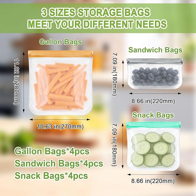 12 Pack Silicone Bags for Food Storage,Freezer,Microwave & Dishwasher Safe,Leakproof Food Storage Bags,Reusable Freezer Ziploc Bags,Sandwich Snack Baggies-4 Gallon 4 Snack 4 Sandwich Bags,3 Colors