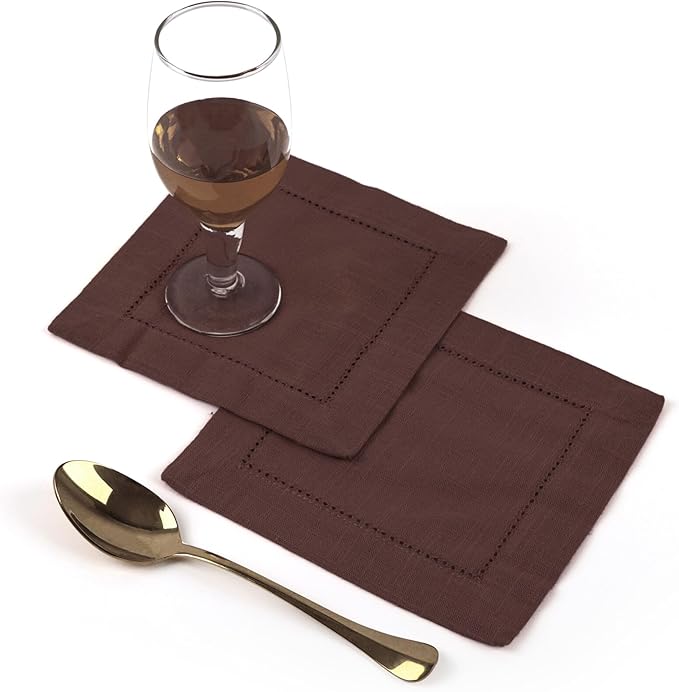 FINGERCRAFT Cocktail Napkins 6 x 6 Inch Premium Quality Cotton, Generous Hemstitch and Mitered Corner Set of 12 Coaster Cloth Chocolate