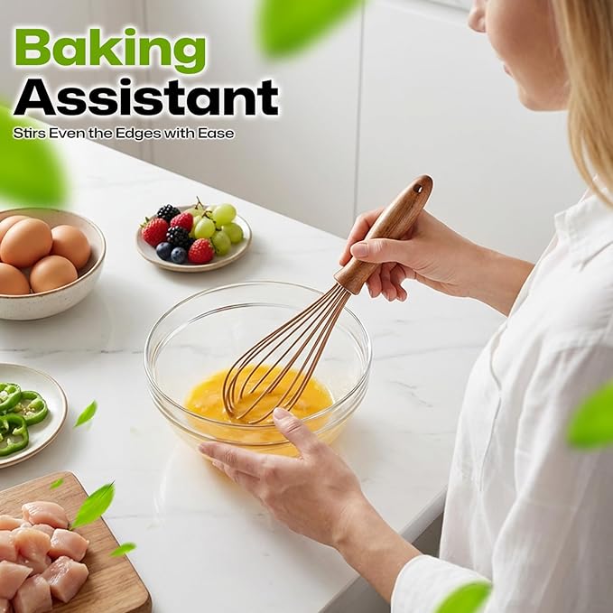 AIUHI Silicone Whisk with Wood Handle, 11.2" Balloon Egg Beater, Lightweight Kitchen Whisk for Blending Batter, Cream & Sauces