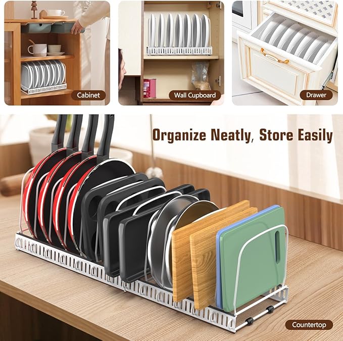 Housolution Cutting Board Organizer Rack, Expandable Baking Tray and Cookie Sheet Organizer with 14 Adjustable Dividers, Bakeware Muffin Tin Cupcake Pan Storage Organizer for Cabinet, White