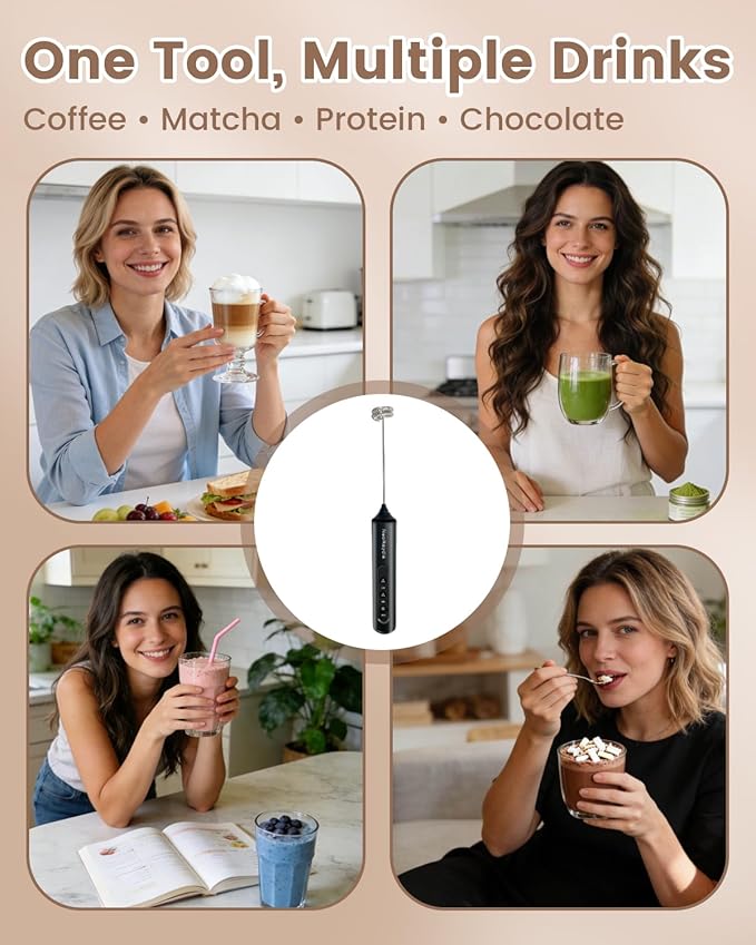 Electric Handheld Milk Frother Wand Rechargeable, 3-Speed Preventing Splashing Drink Mixer with Box, 10-Second Frothing for Coffee, Matcha, Latte, Cappuccino, and Protein Shakes, Black