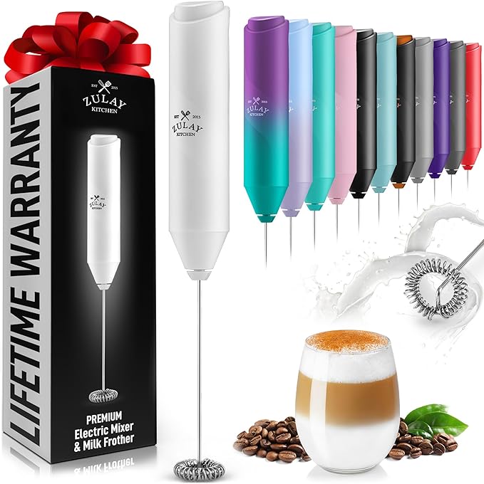 Zulay Kitchen Milk Frother Handheld Battery Operated – Electric Drink Mixer for Coffee, Lattes, Cappuccinos, Matcha & Hot Chocolate – Portable Foam Maker & Coffee Bar Accessory - Glacier White