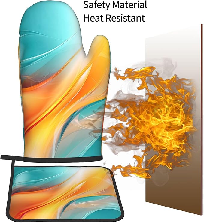 Turquoise Orange Abstract Art Oven Mitts & Pot Holders Sets of 3, Heat Resistant Teal Burnt Orange Modern Kitchen Gloves and Hot Pads for Kitchen Cooking Grilling, Baking Gifts for Women, Home Decor