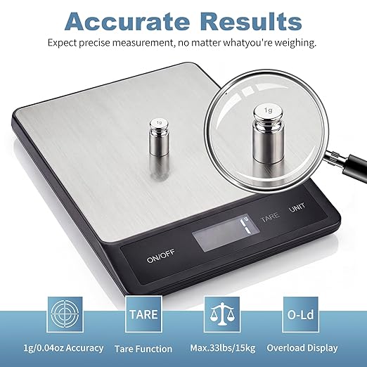 33LB/15KG Digital Kitchen & Food Scale – Waterproof Stainless Steel, USB Rechargeable, 1g Precision, Tare Function for Cooking, Baking, Meal Prep