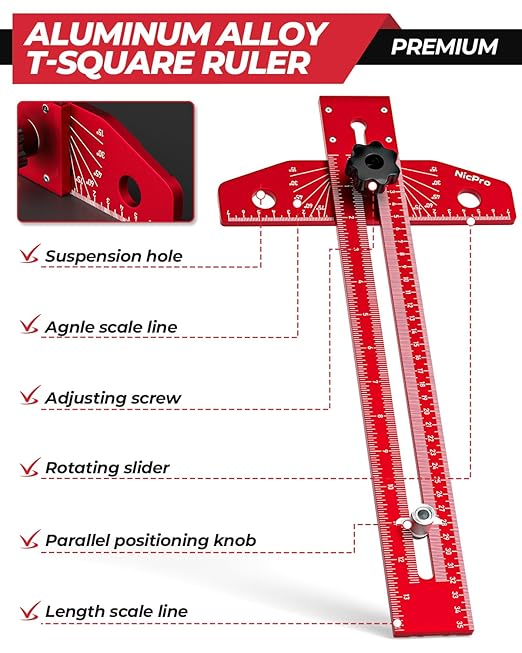 Nicpro Woodworking Scriber Marking Line Ruler, Adjustable Aluminum Alloy Sliding T-Square Ruler with Carpenter Pencil, Angle Adjustment Scale, Precision Line Drawing aid Ruler Tools for Woodworking