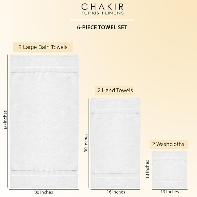 Chakir Turkish Linens 100% Cotton Premium Turkish Towels for Bathroom, 2 Large Bath Towels 36x60, 2 Hand Towels, 2 Washcloths (6-Piece Towel Set, White)