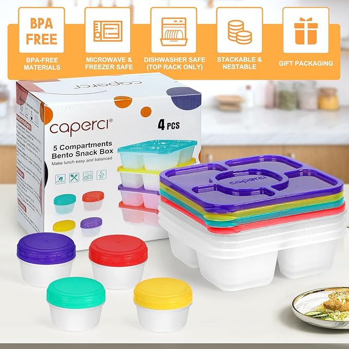Caperci Original Bento Snack Box Containers for Kids & Adults - Lunchable Food Containers 5 Compartments with 4 Leakproof Small Containers, BPA-Free, Set of 4
