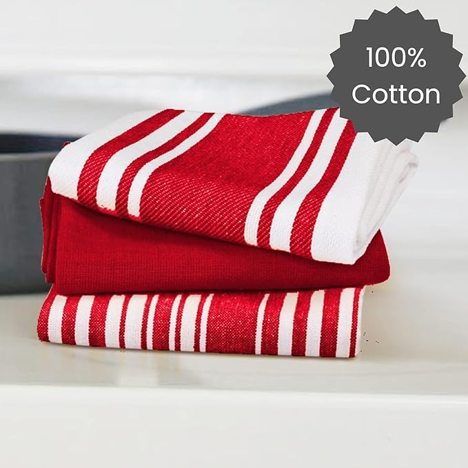 Cotton Clinic Assorted Kitchen Towels 5 Pack – Soft Absorbent Quick Drying Table & Kitchen Linen - Dish Towels, Dish Cloths, Tea Towel and Cleaning Towel with Hanging Loop – 16x28 / Red White