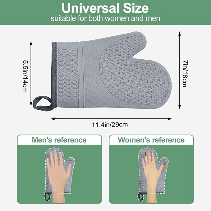 Silicone Oven Mitts Heat Resistant to 500ºF - [Ultra Heat Resistant] [Thickened Liner] [Waterproof Silicone] Kitchen Oven Gloves Mittens for Cooking, 1 Pair (Grey)
