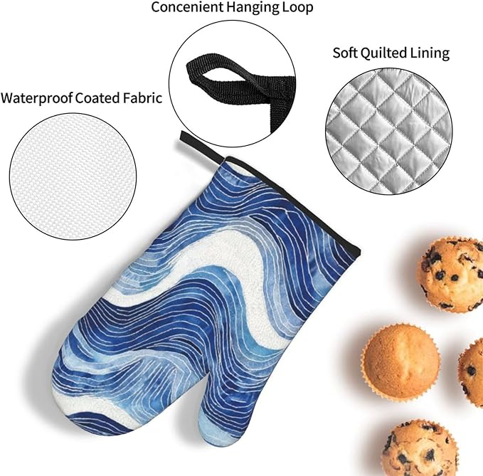 Blue and White Ocean Wave Oven Mitts and Pot Holders Sets of 3, Heat Resistant Non-Slip Washable Coastal Blue White Kitchen Gloves Hot Pads Gift for Baking Cooking Grilling Enthusiasts, Kitchen Decor