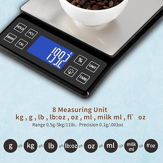 SEMIER Digital Kitchen Scale with 0.1g/0.001oz High Precision, 5kg/11lb Food Bakery Scale with% Percentage Function, Tare Function, USB Rechargeable or AAA Battery Power, Stainless Steel Pan