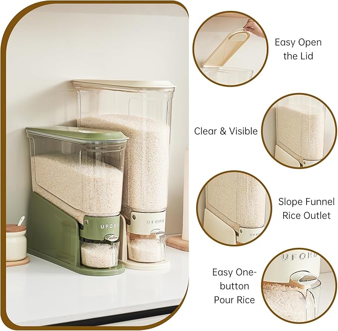 Rice Dispenser, Slim Rice Storage Container for Small Space, BPA-Free Clear Dry Food Dispenser Sealed Moisture Proof, Grain Storage Bucket for Kitchen Pantry Household (Green11Lbs)
