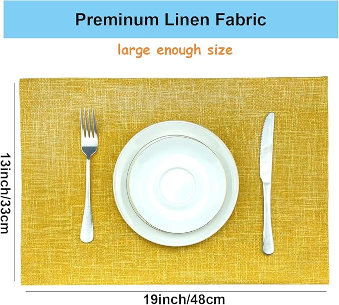 Weabetfu Cloth Placemats Set of 6 Heat Resistant Dining Table Placemmats Cotton Linen Machine Washable Kitchen Table Mats Wrinkle Free Thick Fabric Place Mat,Easy to Clean,13"x19" Yellow