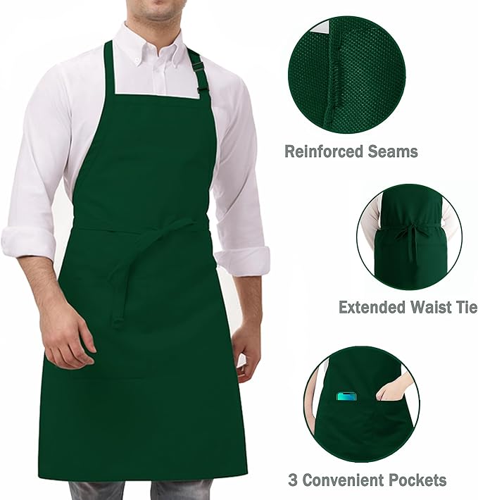 3 Pack Black White Chef Apron, Adjustable Kitchen Apron with 3 Pocket for Men Women Waitress Waiter Serve (Polycotton)