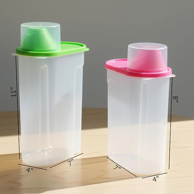 Basicwise Set of 3 Large 2.5-Liter and 3 Small 1.9-Liter Airtight Food Storage Containers Easy-Pour Spouts & Measuring Cup Lids for Flour Sugar Cereal Snacks & Pantry Staples in Green Pink & Yellow