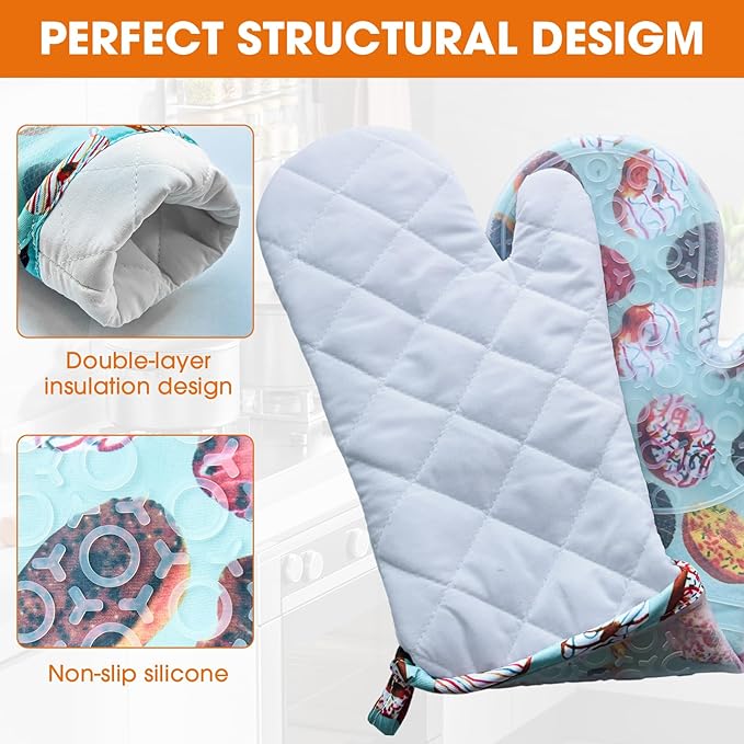 Silicone Oven Mitts Set Heat Resistant 2PCS Kitchen Mittens with Soft Cotton Lining Long Waterproof Non-Slip Oven Gloves for Cooking, BBQ, Baking-Donut