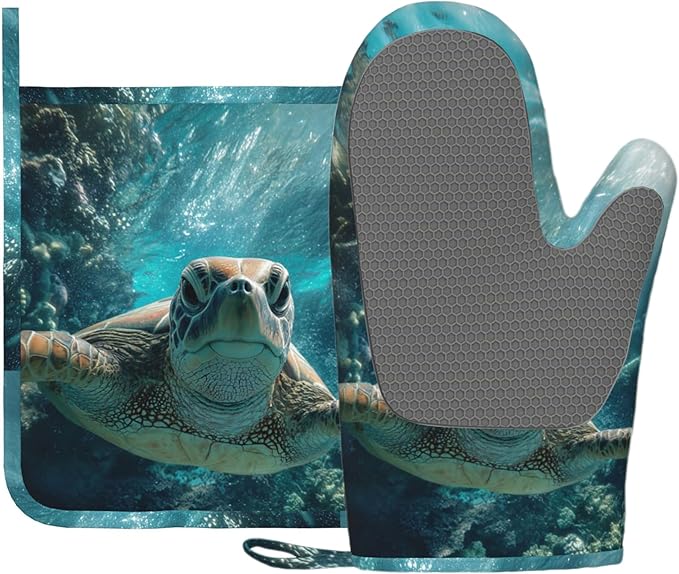 Sea Turtles Oven Mitt and Pot Holder with Silicone Heat Resistant Kitchen for Cooking BBQ Baking Grilling Cooking Protection