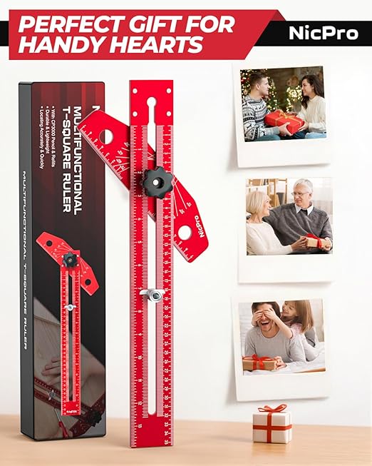 Nicpro Woodworking Scriber Marking Line Ruler, Adjustable Aluminum Alloy Sliding T-Square Ruler with Carpenter Pencil, Angle Adjustment Scale, Precision Line Drawing aid Ruler Tools for Woodworking