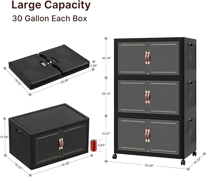 UAMFURI Stackable Storage Bins with Lids,720QT Closet Organizers, Lockable Storage Cabinet，Foldable Storage Box with Doors and Wheels, Plastic Drawers for Home, Garage, Office (6, Black, Large)
