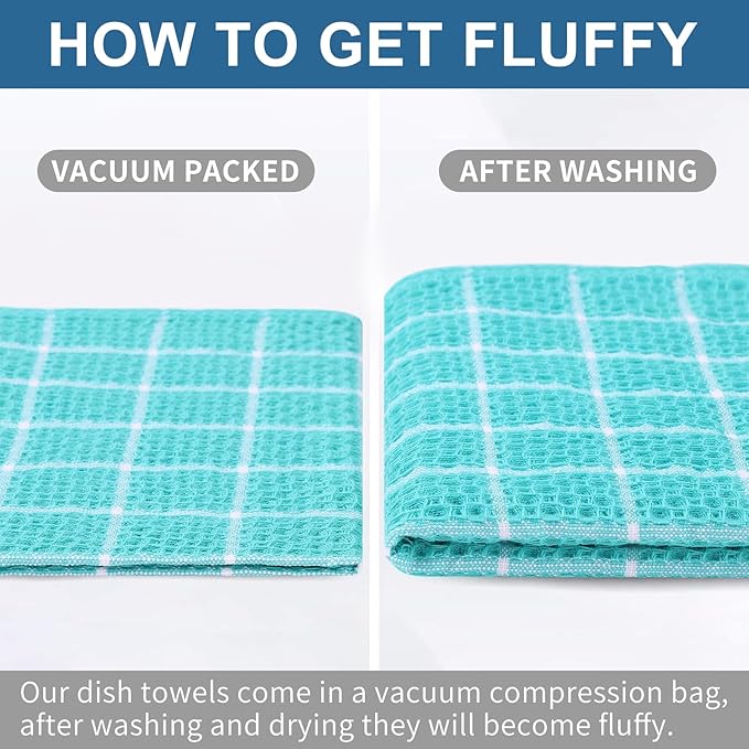 Homaxy 100% Cotton Kitchen Towels 6 Pack-15 X 25 Inches, Check Design Waffle Weave Hand Tea Towels, Super Soft and Absorbent Dish Towel for Drying Dishes, Aqua