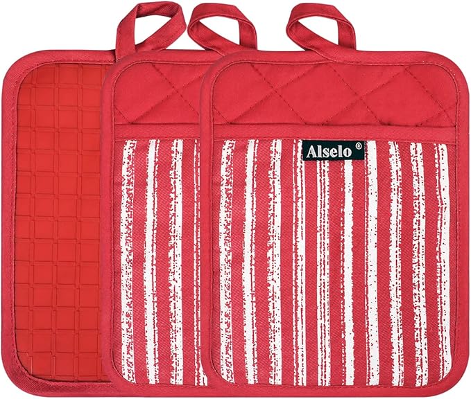 Alselo Silicone Pot Holders Set of 3 Heat Resistant & Non Slip Potholders, Professional Oven Hot Pads with Pockets Mitts for Kitchen Cooking Baking Barbecue (3, Red)
