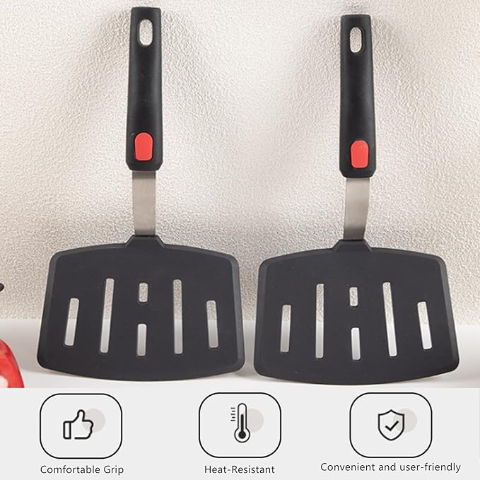 2 Pack Silicone Large Pancake Spatula Turner for Nonstick Cookware, Extra Wide Spatula for Cooking，Flexible Fish Turner, Slotted Spatulas for Eggs Omelette Flipping,Dishwasher Safe (2 Pack Black)