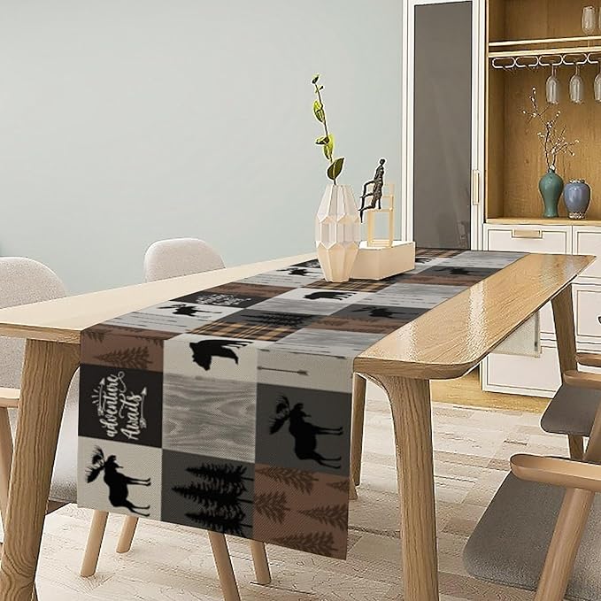 Rustic Cabin Bear Table Runner Retro Deer Moose Hunting Country Plaid Art Printed Runner for Home Kitchen Dining Table Living Room Decor Fabric 1 Panel W13xL70in