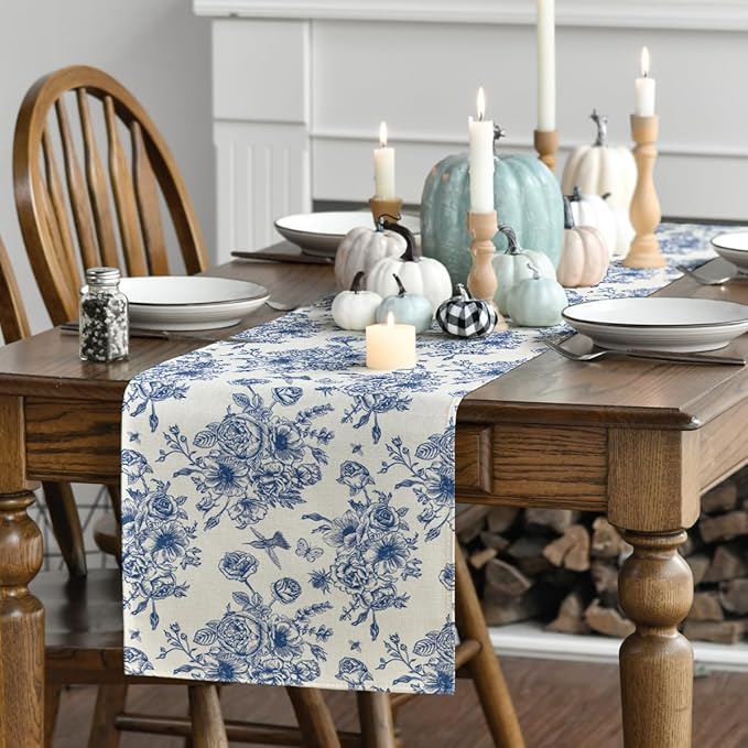 Artoid Mode Spring Beige Blue Floral Chinoiserie Table Runner, Seasonal Summer Kitchen Dining Table Decoration for Home Party Decor 13x36 Inch