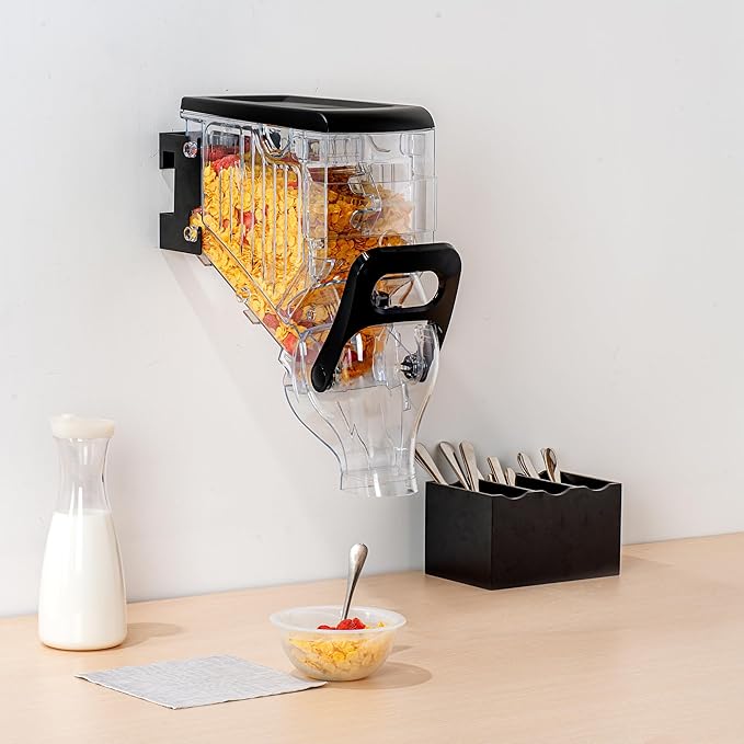 Restaurantware Cereal Dispenser 2 gal Plastic Wall-Mounted Gravity Bin Candy Dispenser Self-Serve Black Dry Food with Wall Mount Brackets for Breakfast Buffet or Hotel Use