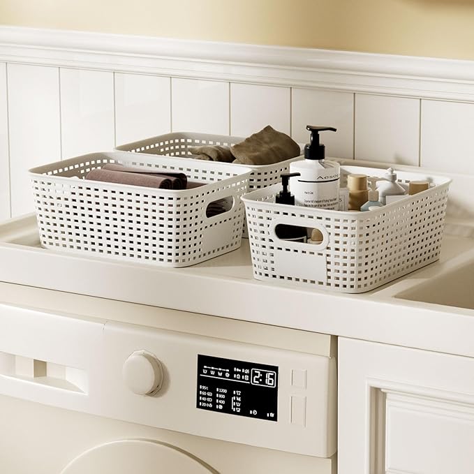 6Pcs Storage Bins with Lids, Stackable Plastic Storage Basket with Bamboo Lid, Pantry Organizer Box Small Containers for Organizing Shelves Drawer Desktop Closet Cabinet Office Classroom 10x7.1x4.1in
