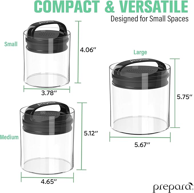Prepara Evak Fresh Saver Short Vacuum Seal Canisters, Assorted Sizes - Grip Handle Lid, BPA Free Twin-Valve Airtight Jar for Coffee, Tea, Snacks - Pantry Organizer & Compact Kitchen Storage (3-Pack)