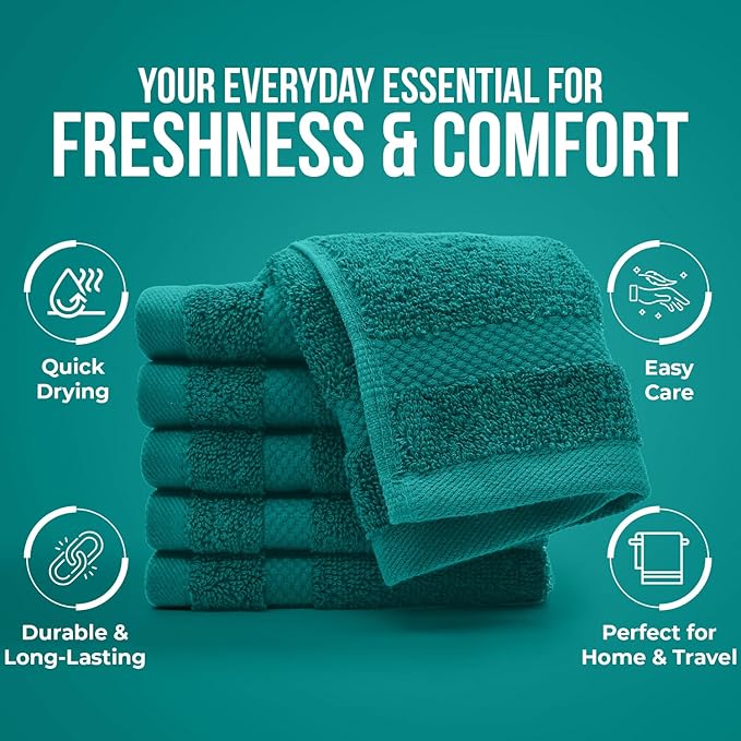 DAN RIVER 12-Pack Premium 100% Cotton Teal Face Towels for Bathroom - Reusable Face Wash Cloths for Showering 12x12 Inches - 550 GSM Super Soft & Absorbent Luxury WashCloths for Body, Spa & Gym
