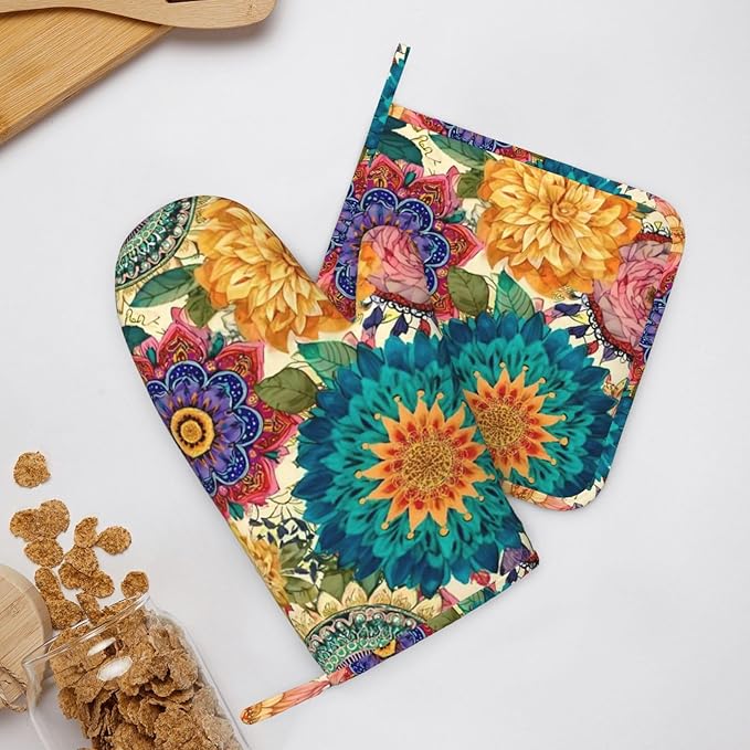 Oven Mitts and Pot Holders Colorful Flower Pattern Boho Silicone Kitchen Accessories Set of 2 Heat Resistant Long Gloves Potholder Non-Slip Grip for Chef Cooking,Baking,Grilling,BBQ