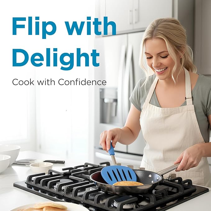 Kitchen Mama WaltzGrip Platinum Silicone Pancake Spatula Turner: Heat Resistant Flexible, Stainless Steel Core, Nonstick, Dishwasher Safe, Flipper – Ideal Kitchen Cookware for Eggs, Fish, Meat (Blue)