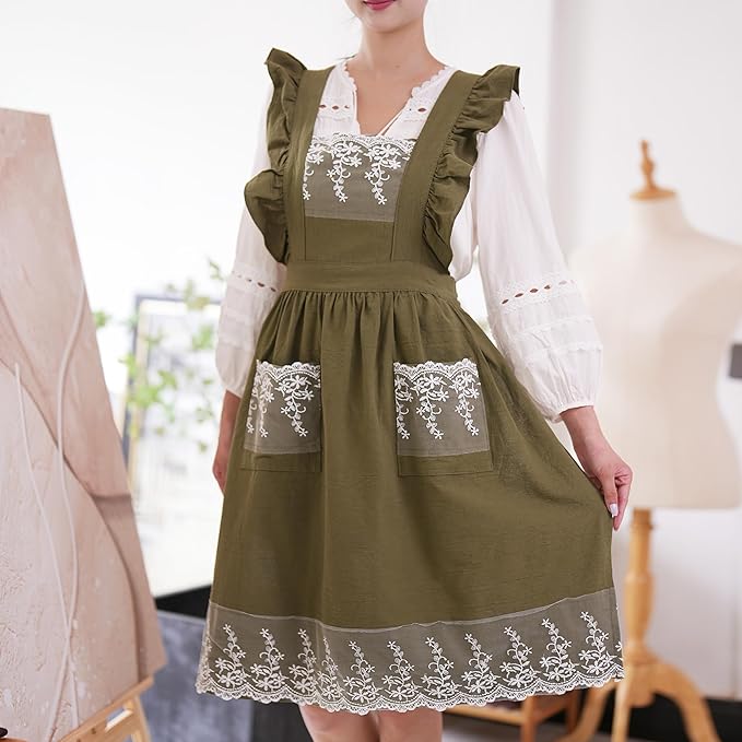 Aoomzoon Vintage Aprons for Women with Pockets Cute Lace Ruffle Adjustable Apron for Cooking Kitchen Baking Gardening