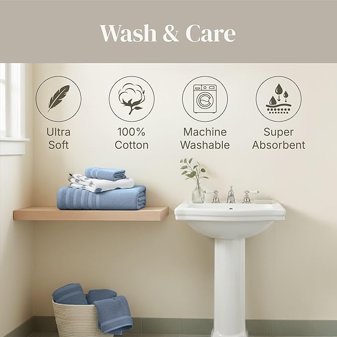 Modern Threads Natural Vine 6-Piece 100% Cotton Towel Set – Yarn Dyed Jacquard – Includes 2 Bath Towels, 2 Hand Towels, 2 Washcloths – Absorbent, Quick Dry, Soft & Durable – Blue