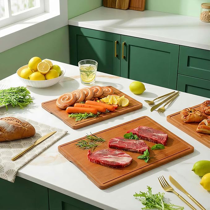 Zarler Bamboo Cutting Boards for Kitchen, 4 Piece Durable Wood Cutting Board with Juice Grooves and Handles, Wooden Chopping Board Set for Meal Prep, 500℉ Carbonized Bamboo, Ideal Kitchen Gift
