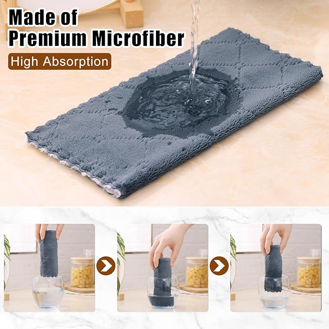 Mordimy 24 Pack Kitchen Cloths Dish Towels (10" x 10", Dark Grey & White), Super Soft and Absorbent Dish Cloths, Coral Velvet Microfiber Cleaning Cloth, Nonstick Oil Fast Dry Dishcloths