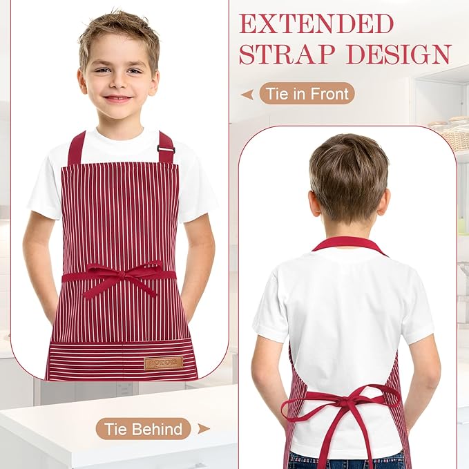 2 Pack Stripes Kids Apron, Kids Cooking Aprons with 2 Pockets, Cute Aprons for Cooking for Boys and Girls