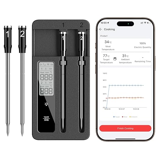 Smart Wireless Meat Thermometer with Dual Probes, Bluetooth & WiFi Combo, High Precision & Fast Response for BBQ, Grill, Smoker, Oven, Air Fryer
