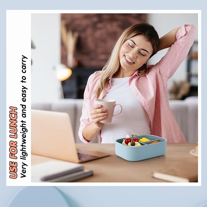 Layhit 1 Pcs Silicone Bento Box for Adults, 27 oz Bento Lunch Container Reusable 3 Compartment Lunchable Food Container for Women Men, Leak Proof Microwave Dishwasher Freezer Safe (Gray Blue)