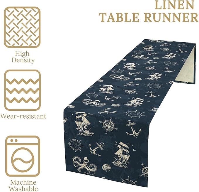 Nautical Coastal Table Runners Ocean Sailboat Table Runners for Dining Room Starfish Blue Teal Dinner Runner Kitchen Indoor Outdoor Patio Party Decor Fabric 1 Panel W13xL120in