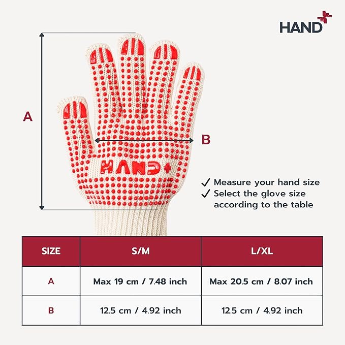 Hand+ Heat Resistant Oven Gloves (Size L/XL) 932°F / 500°C for BBQ Baking Cooking Smoker Fireplace Camping with Silicone Grip Thermo Dot Level 4 EN407 Certified