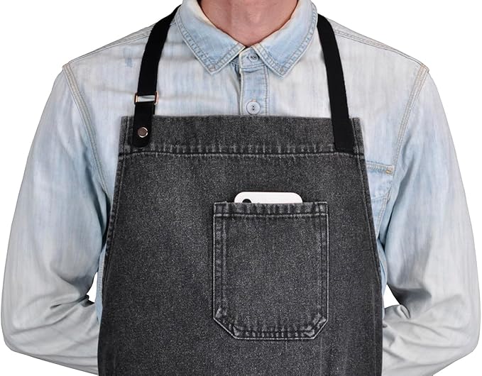 Denim Apron with Pockets, Professional for Mens Womens Chef Kitchen Cooking Grill BBQ Painting Baking, Black Bib with Towel Loop & Adjustable Neck Strap (Black Denim -2)