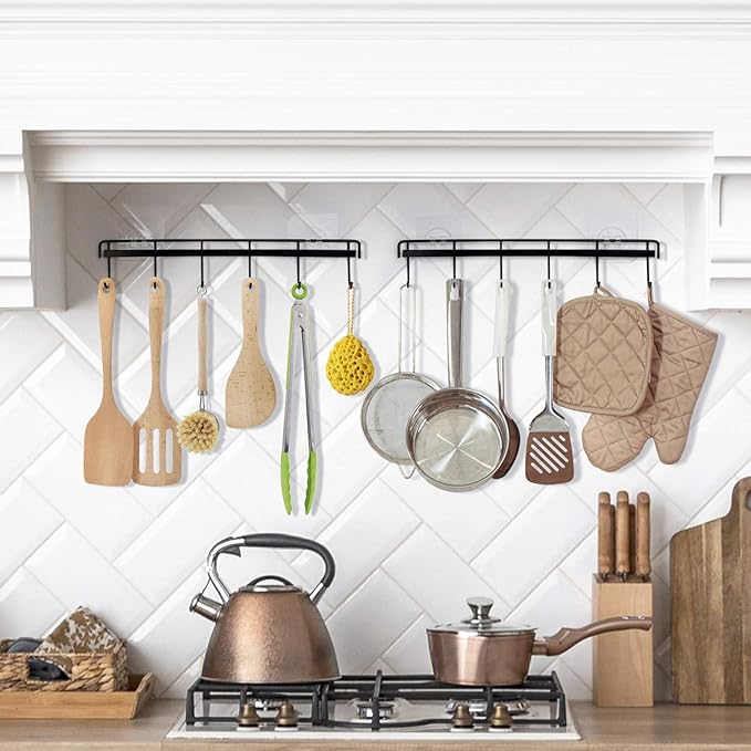 YiZhi Adhesive Wall Hooks Rack Kitchen Rail, Space Saving Utensil Holder No Drilling Wall Mounted Accessory Hanger with 6 Hooks for Kitchen Bathroom Bedroom Pack of 2 (Black)