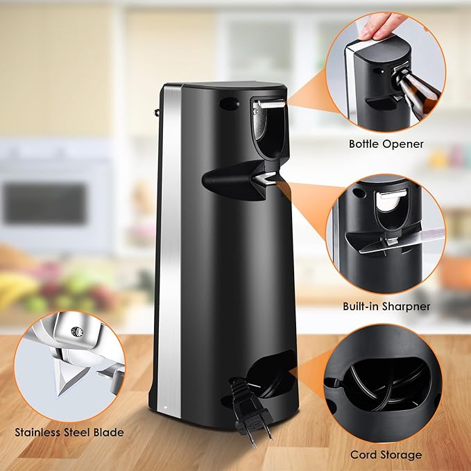Davivy Electric Can Opener, One Touch Lid Opener, Removable Stainless Steel Cutter and 3-in-1 Design, with Sharpener and Bottle Opener (Black)