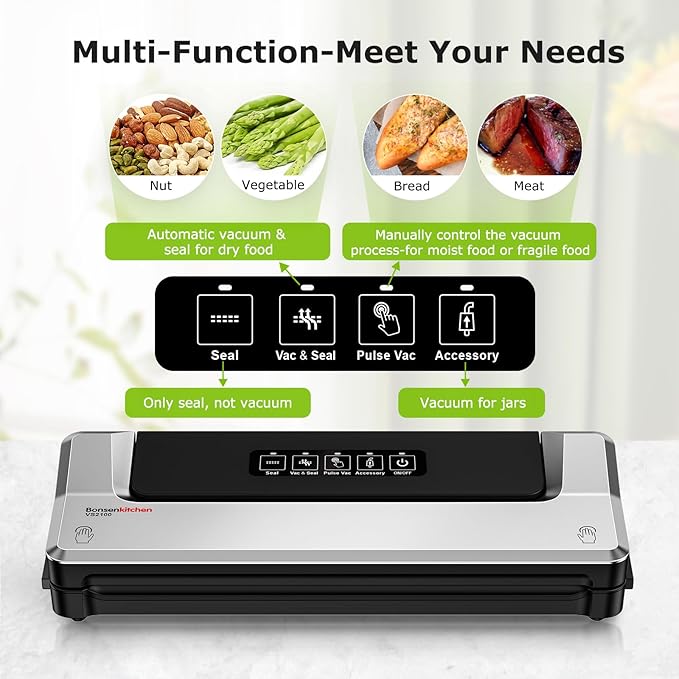 Bonsenkitchen Vacuum Sealer Machine | Compact Food Sealer for Kitchen Storage & Meal Prep | Multiple Modes | External Vacuum System | 5 Bags, Silver